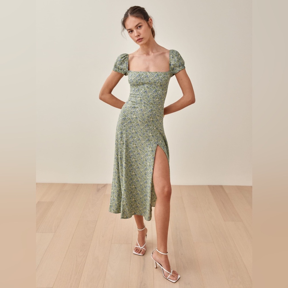 • REFORMATION SIENNE GREEN FLORAL MIDI DRESS •
